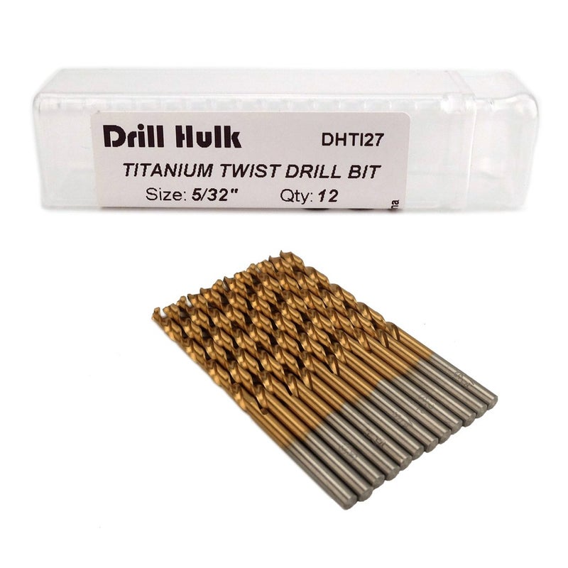 Drill Hulk Pack of 12, 5/32-Inch Titanium Nitride Coated Drill Bit, Premium M2 High Speed Steel, Jobber Length, for Metal, Plastic, Wood - Image 1
